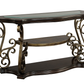 Glass Top Accent Table, Sofa Table with 3 shelves and Scroll Metal Legs.
