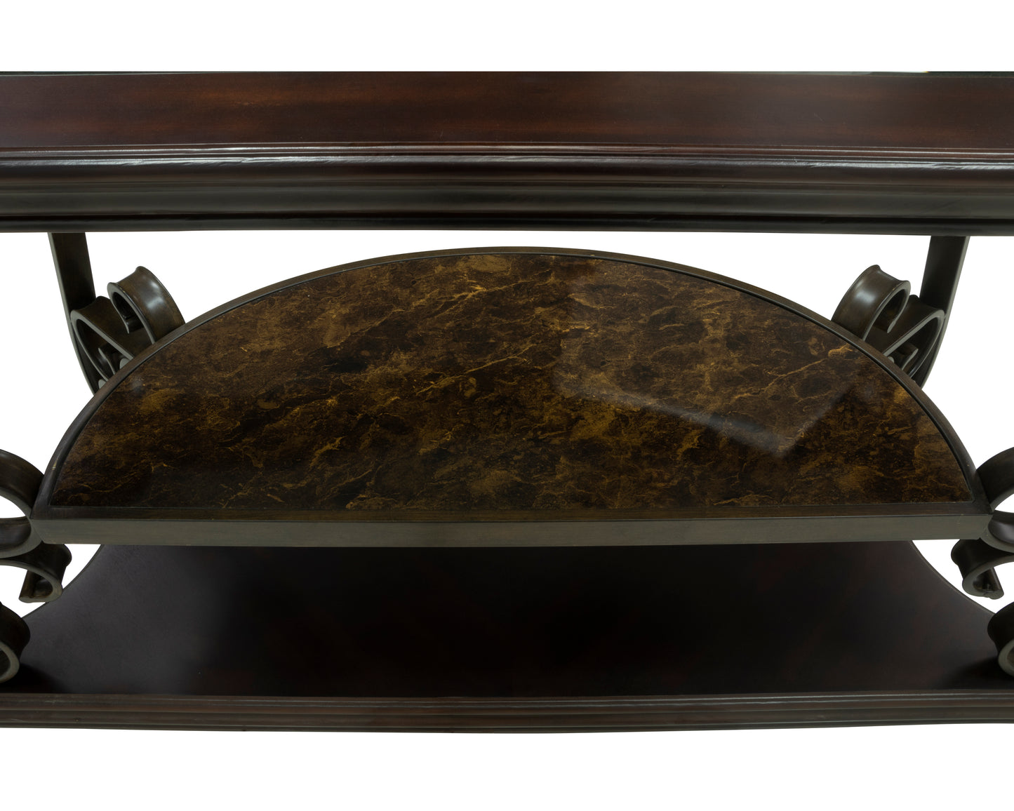 Glass Top Accent Table, Sofa Table with 3 shelves and Scroll Metal Legs.