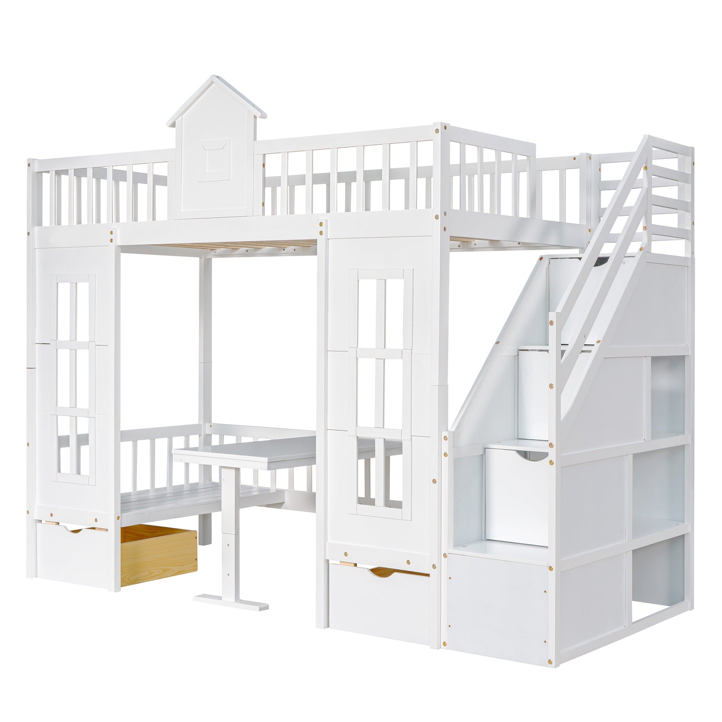 Twin-Over-Twin Bunk Bed with Convertible Picnic Style Table or Desk with 2 Drawers, White