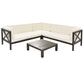 4-Piece, X-Back Sectional Patio Sofa Seating Set with Dark Brown Wood, Beige Cushions and Table
