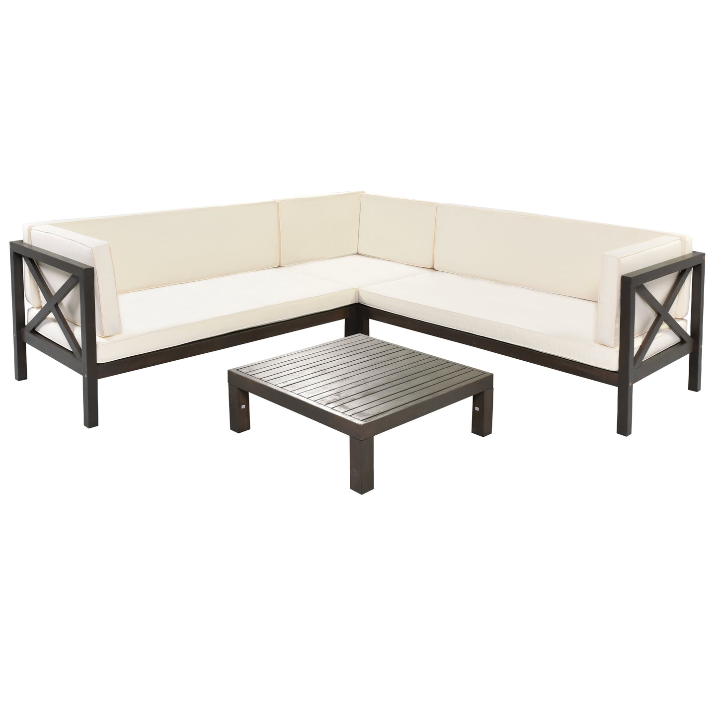 4-Piece, X-Back Sectional Patio Sofa Seating Set with Dark Brown Wood, Beige Cushions and Table