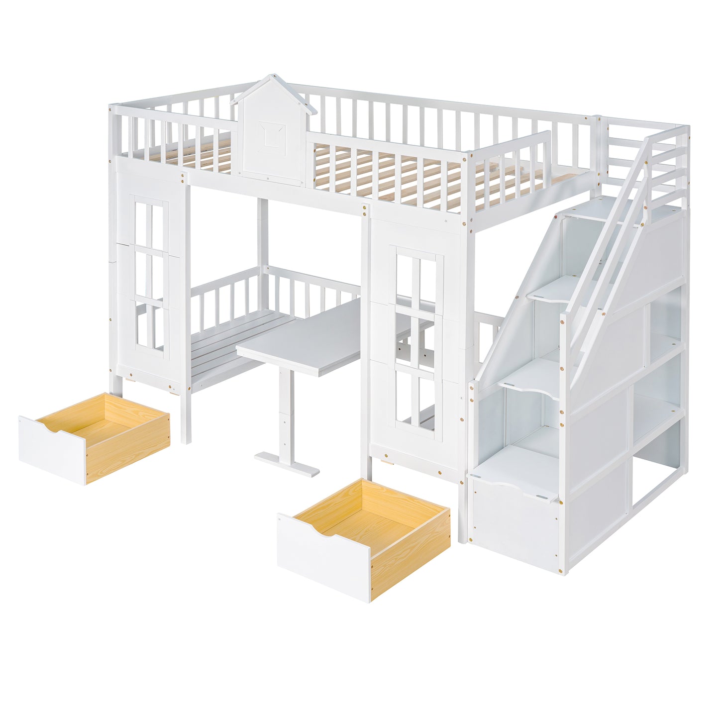 Twin-Over-Twin Bunk Bed with Convertible Picnic Style Table or Desk with 2 Drawers, White