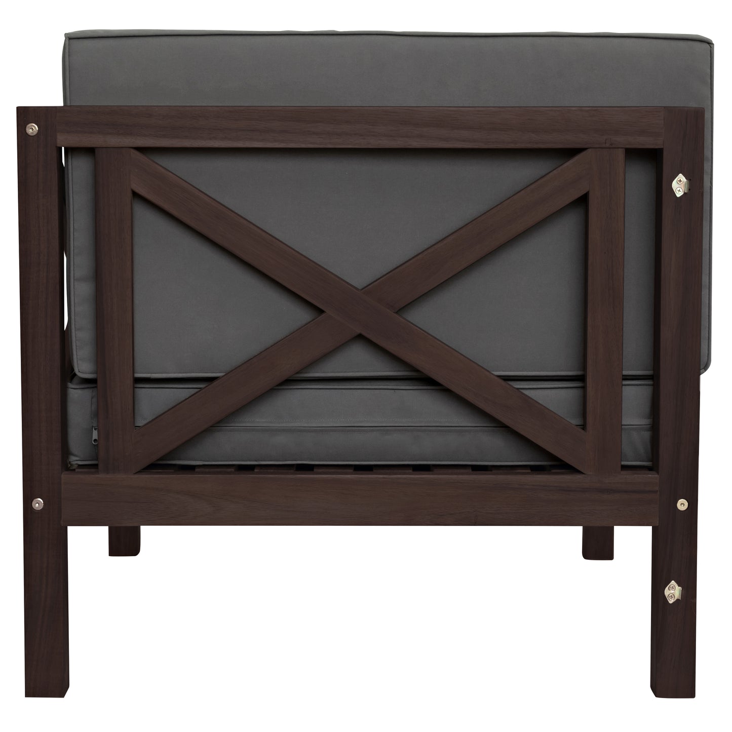 4-Piece, X-Back Dark Brown Wood Patio Sectional Sofa Set with Gray Cushions and Table