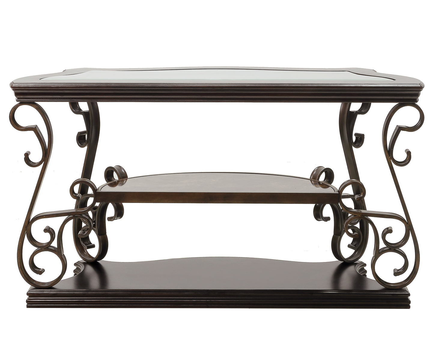 Glass Top Accent Table, Sofa Table with 3 shelves and Scroll Metal Legs.