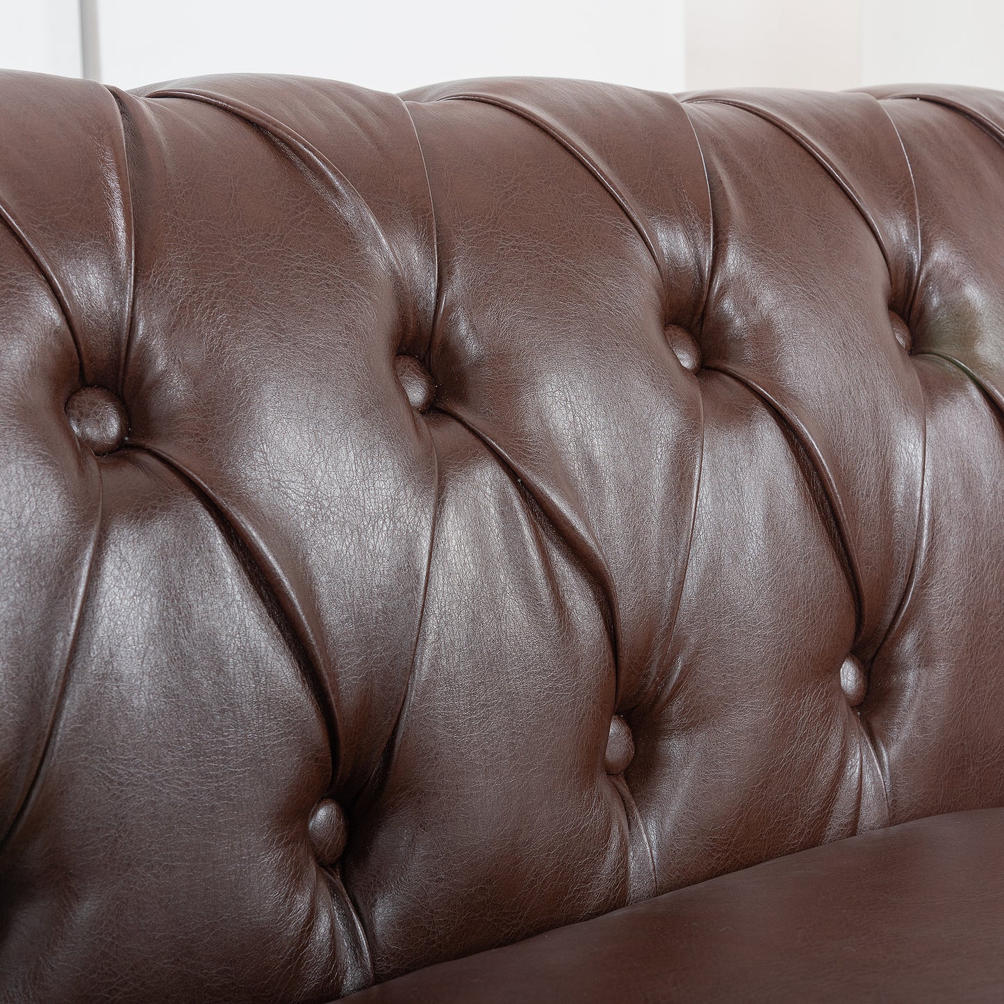 Dark Brown, Vegan Leather, Curved Arm, Chesterfield Inspired, Three Seat Sofa.