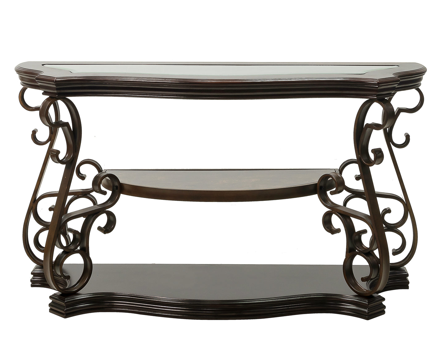 Glass Top Accent Table, Sofa Table with 3 shelves and Scroll Metal Legs.