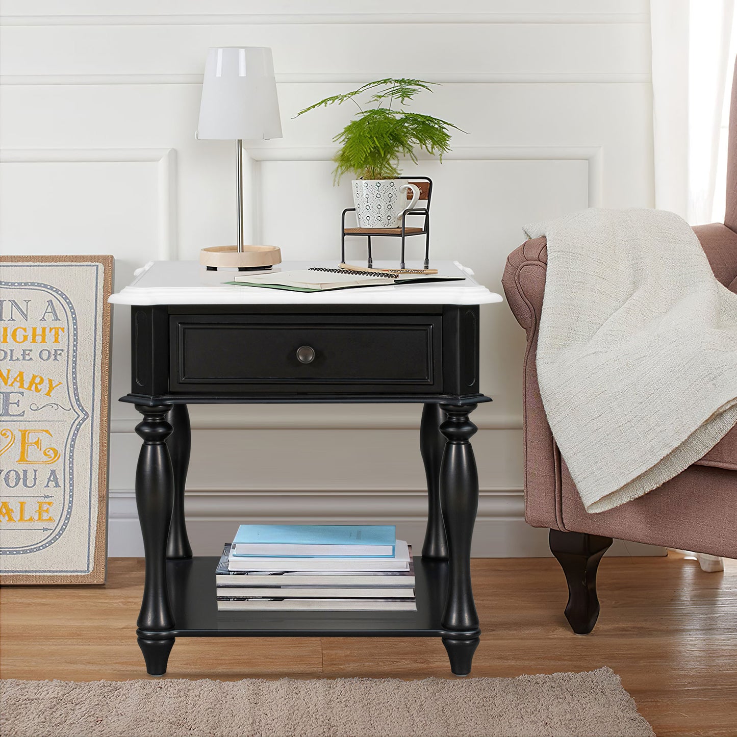 Classic Black and White End Table with Drawer and Bottom Shelf