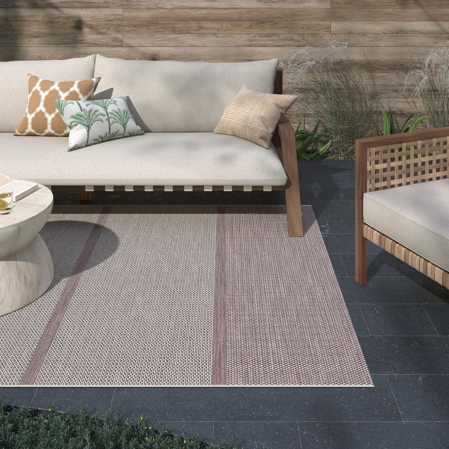 5X8 Area Rug Striped White and Plum Indoor / Outdoor Polypropylene