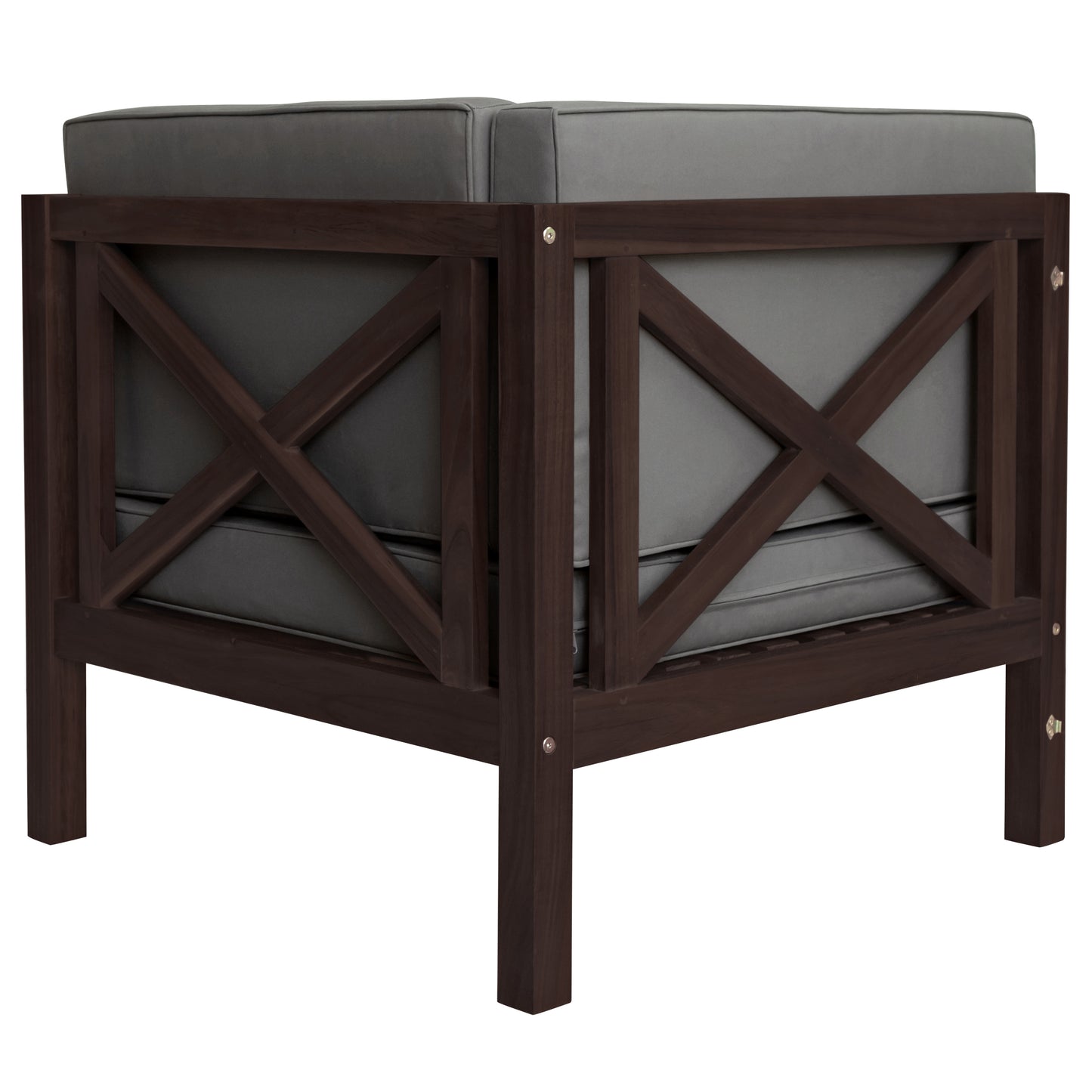 4-Piece, X-Back Dark Brown Wood Patio Sectional Sofa Set with Gray Cushions and Table
