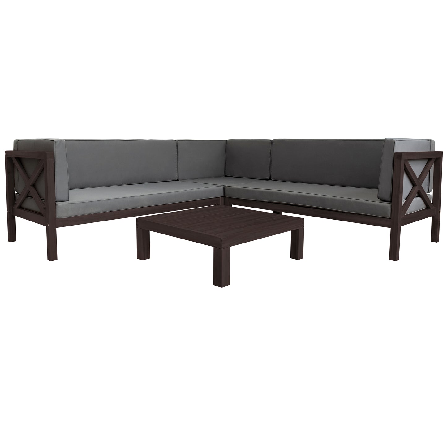 4-Piece, X-Back Dark Brown Wood Patio Sectional Sofa Set with Gray Cushions and Table