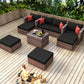 10-Piece Outdoor Patio, Convertible, Brown Sectional Set with Black Cushions and and Cover