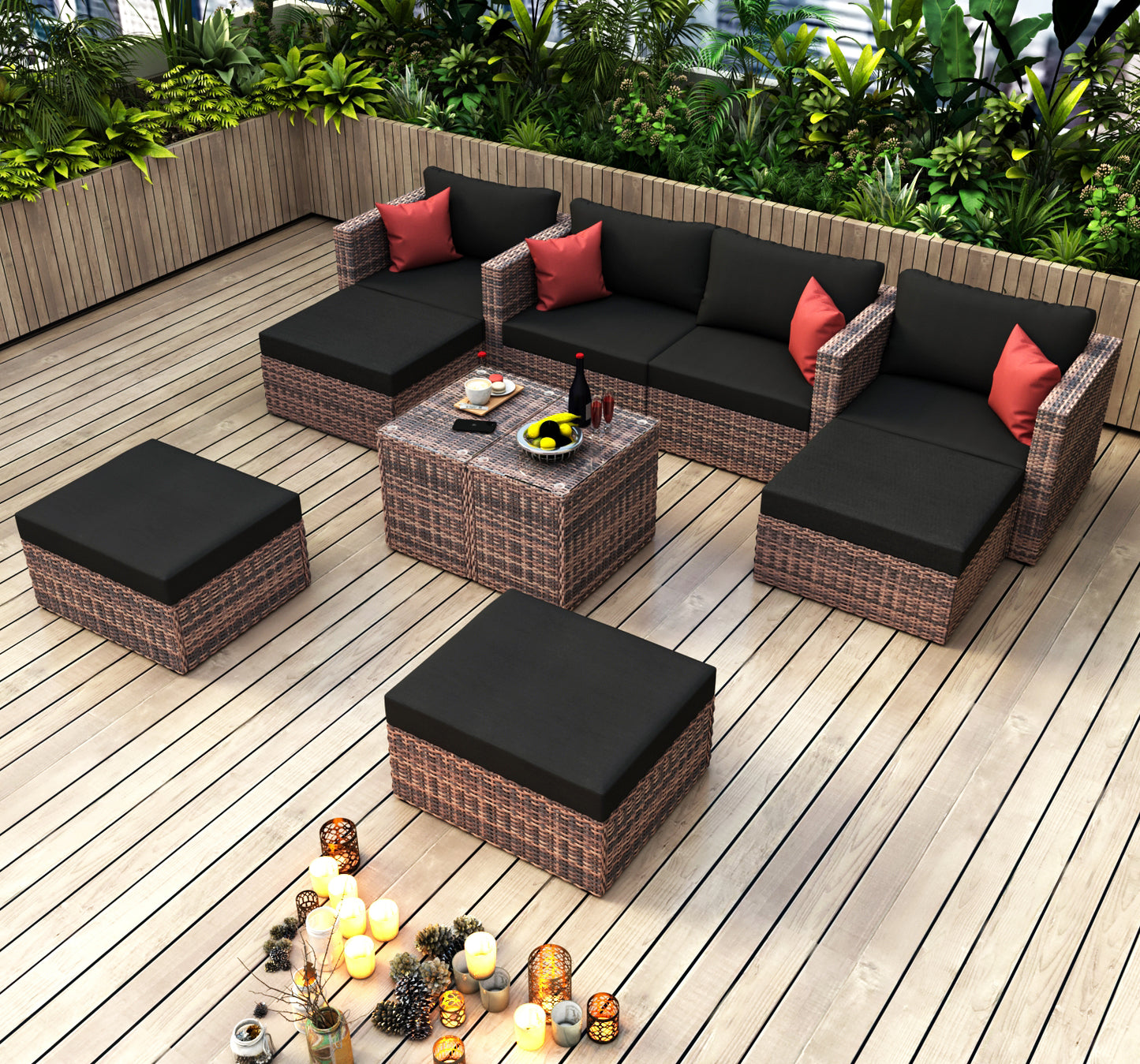 10-Piece Outdoor Patio, Convertible, Brown Sectional Set with Black Cushions and and Cover