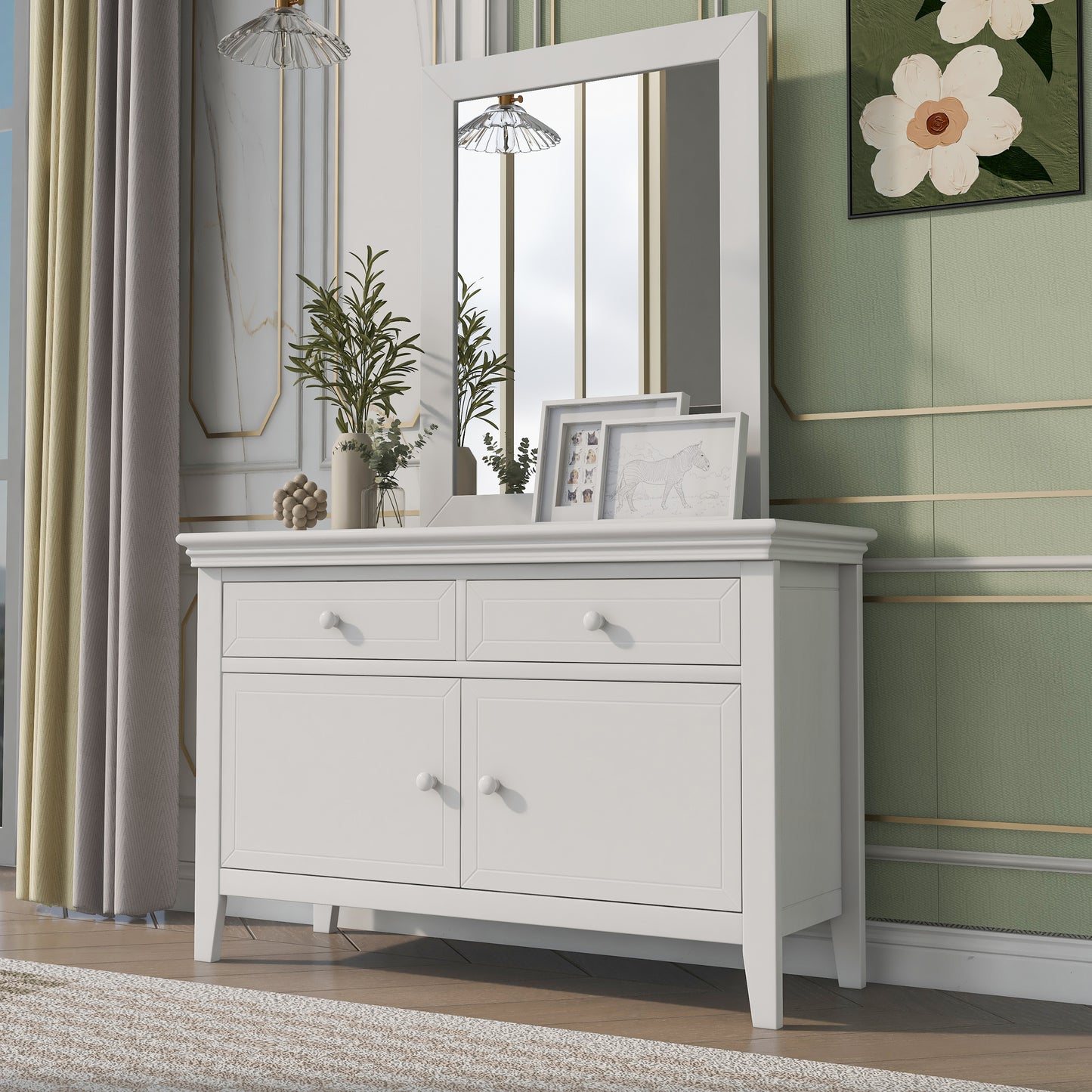 6 Pieces Traditional Style White Queen Bedroom Set With 2 Nightstands, Tall Dresser, and Wide Dresser/Cabinet/Chest with a Mirror