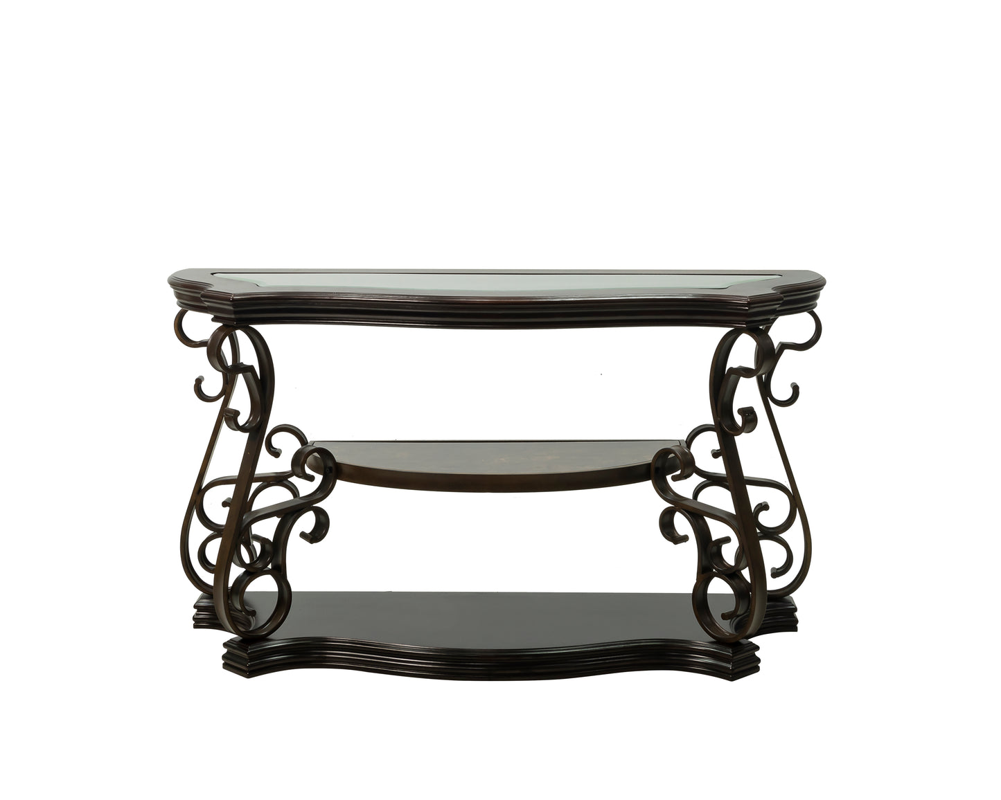 Glass Top Accent Table, Sofa Table with 3 shelves and Scroll Metal Legs.