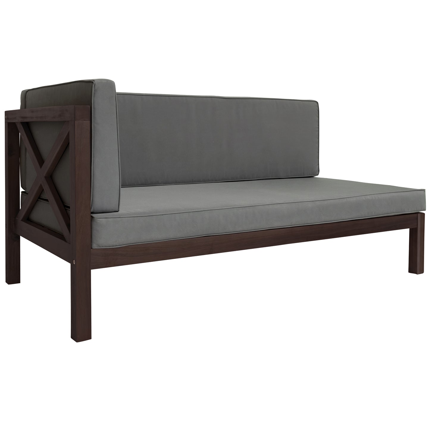 4-Piece, X-Back Dark Brown Wood Patio Sectional Sofa Set with Gray Cushions and Table