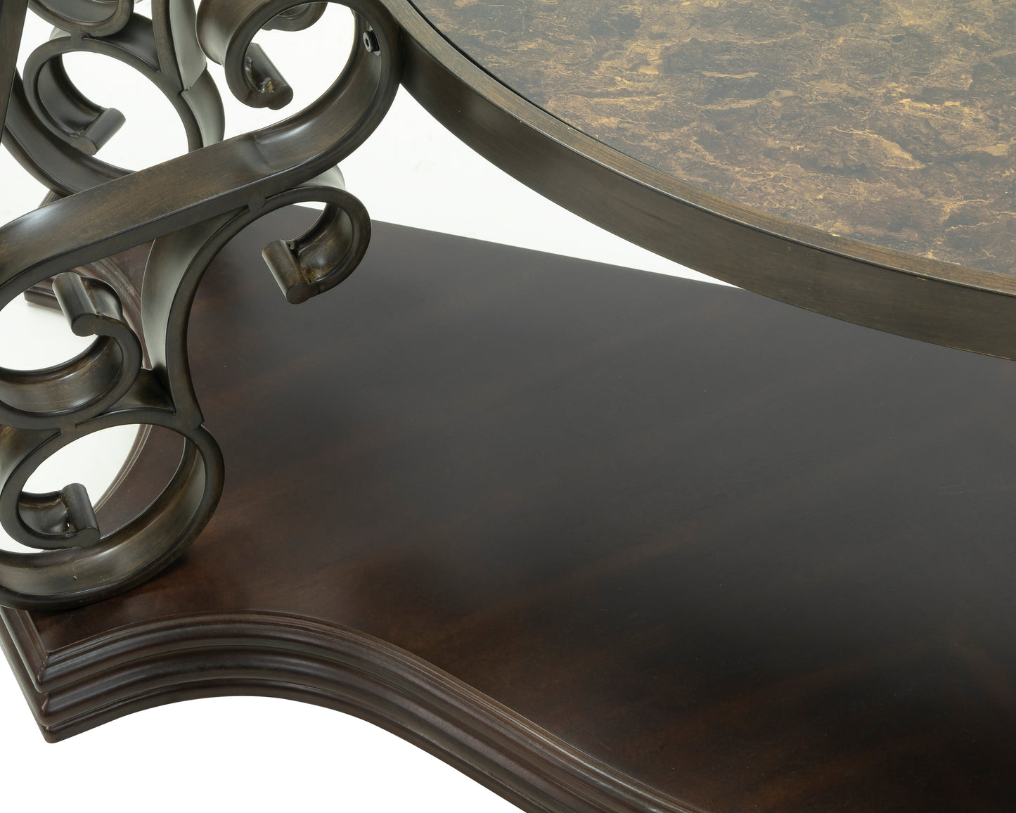 Glass Top Accent Table, Sofa Table with 3 shelves and Scroll Metal Legs.