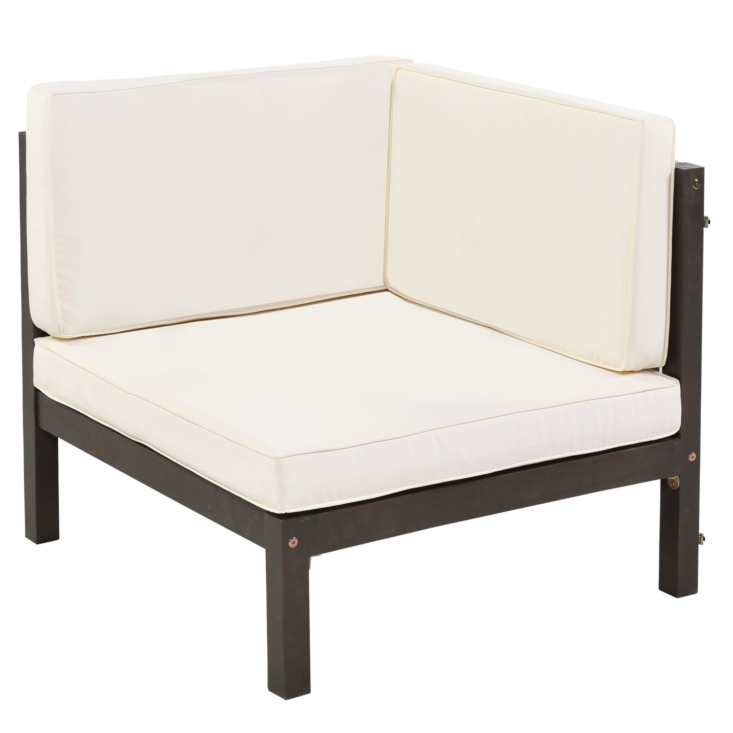 4-Piece, X-Back Sectional Patio Sofa Seating Set with Dark Brown Wood, Beige Cushions and Table