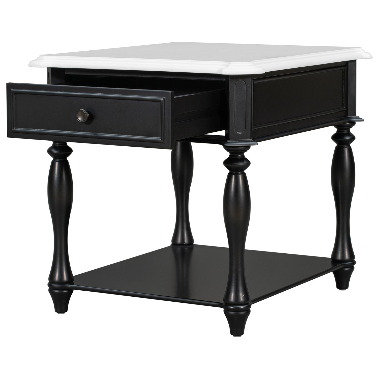 Classic Black and White End Table with Drawer and Bottom Shelf