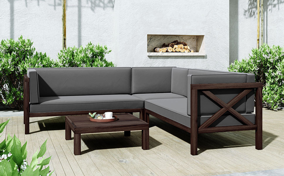 4-Piece, X-Back Dark Brown Wood Patio Sectional Sofa Set with Gray Cushions and Table
