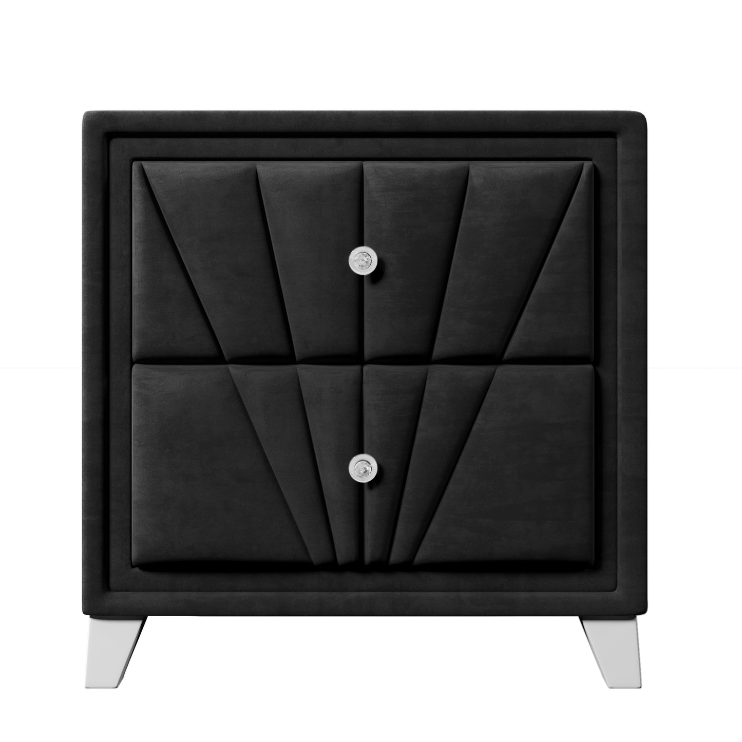 Black Contemporary Velvet Upholstered Glass Top Nightstand End Table with Two Drawers