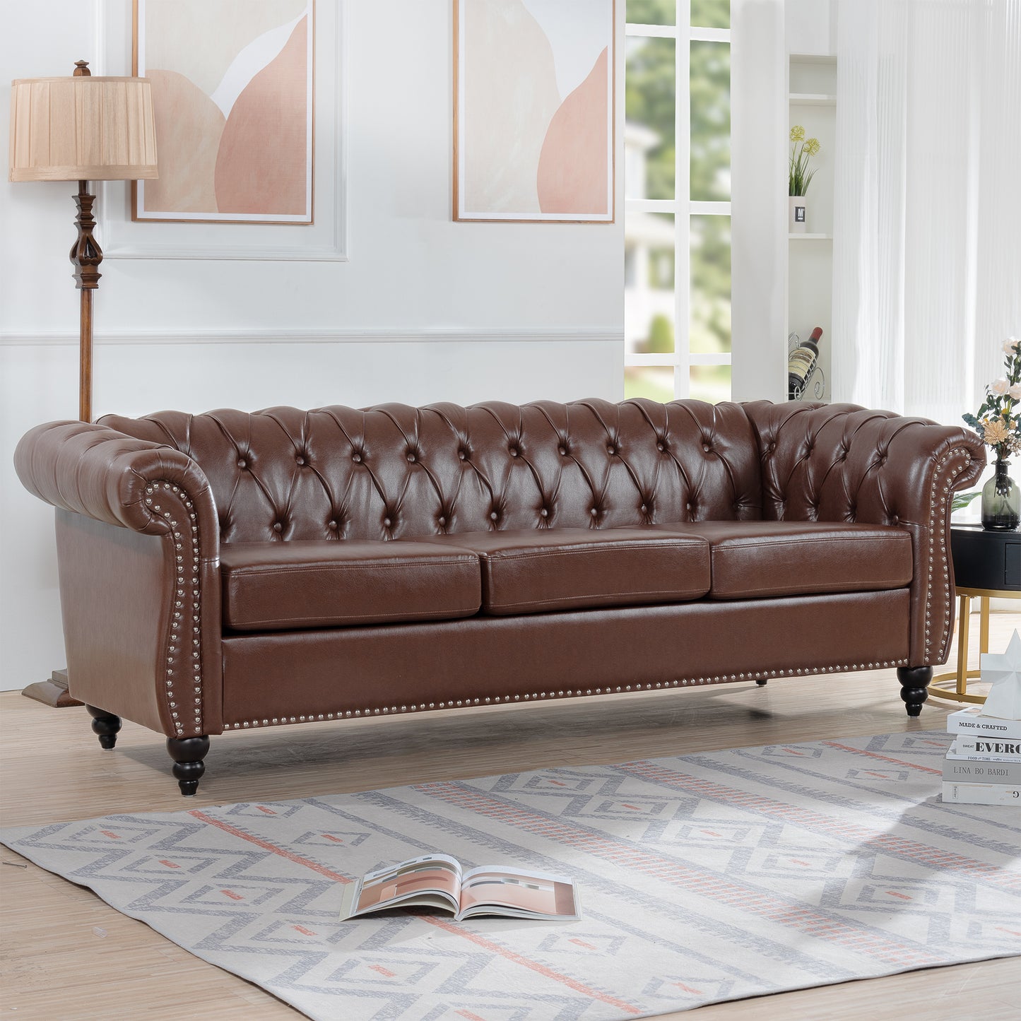 Dark Brown, Vegan Leather, Curved Arm, Chesterfield Inspired, Three Seat Sofa.