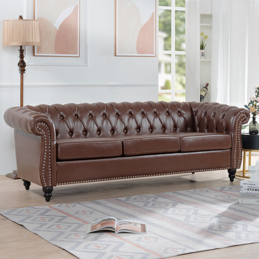 Dark Brown, Vegan Leather, Curved Arm, Chesterfield Inspired, Three Seat Sofa.