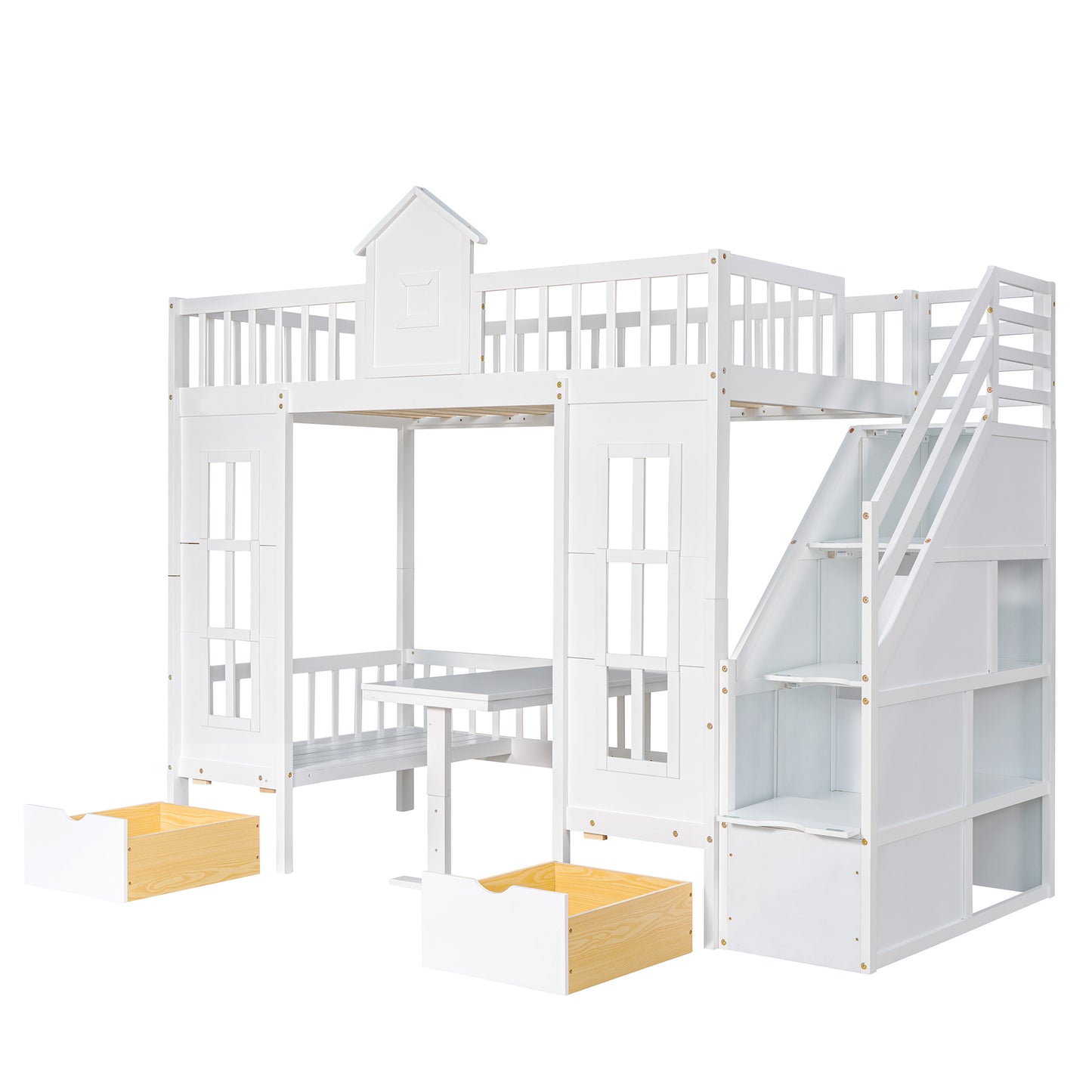 Twin-Over-Twin Bunk Bed with Convertible Picnic Style Table or Desk with 2 Drawers, White