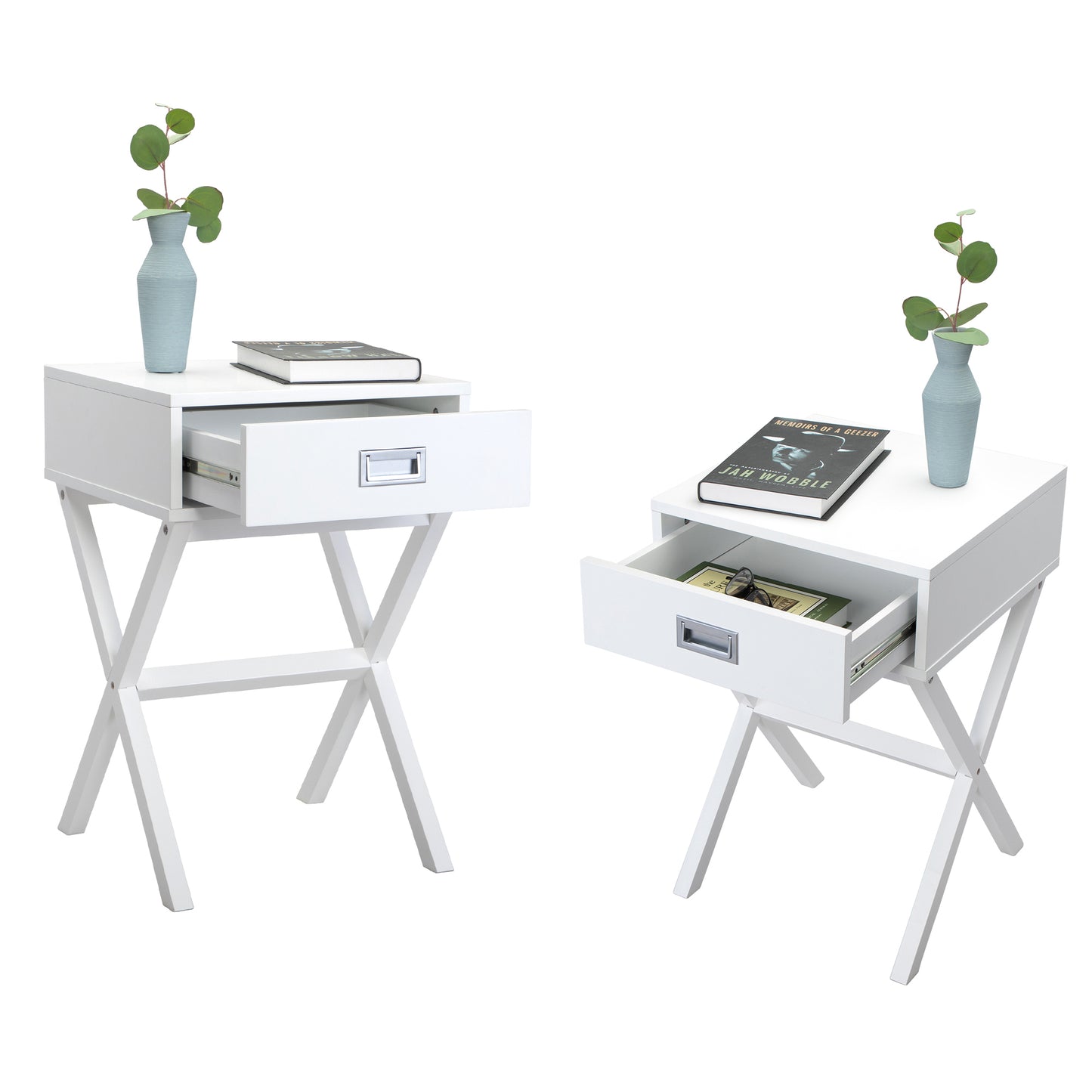 Set of 2 White Wooden Nightstands, End Table with Drawer