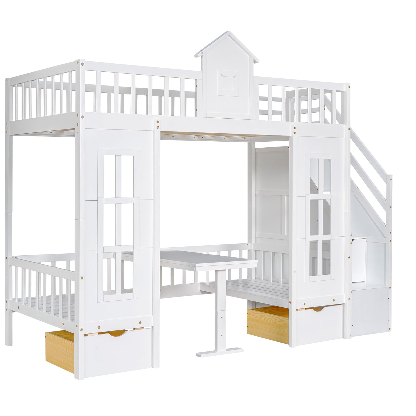 Twin-Over-Twin Bunk Bed with Convertible Picnic Style Table or Desk with 2 Drawers, White