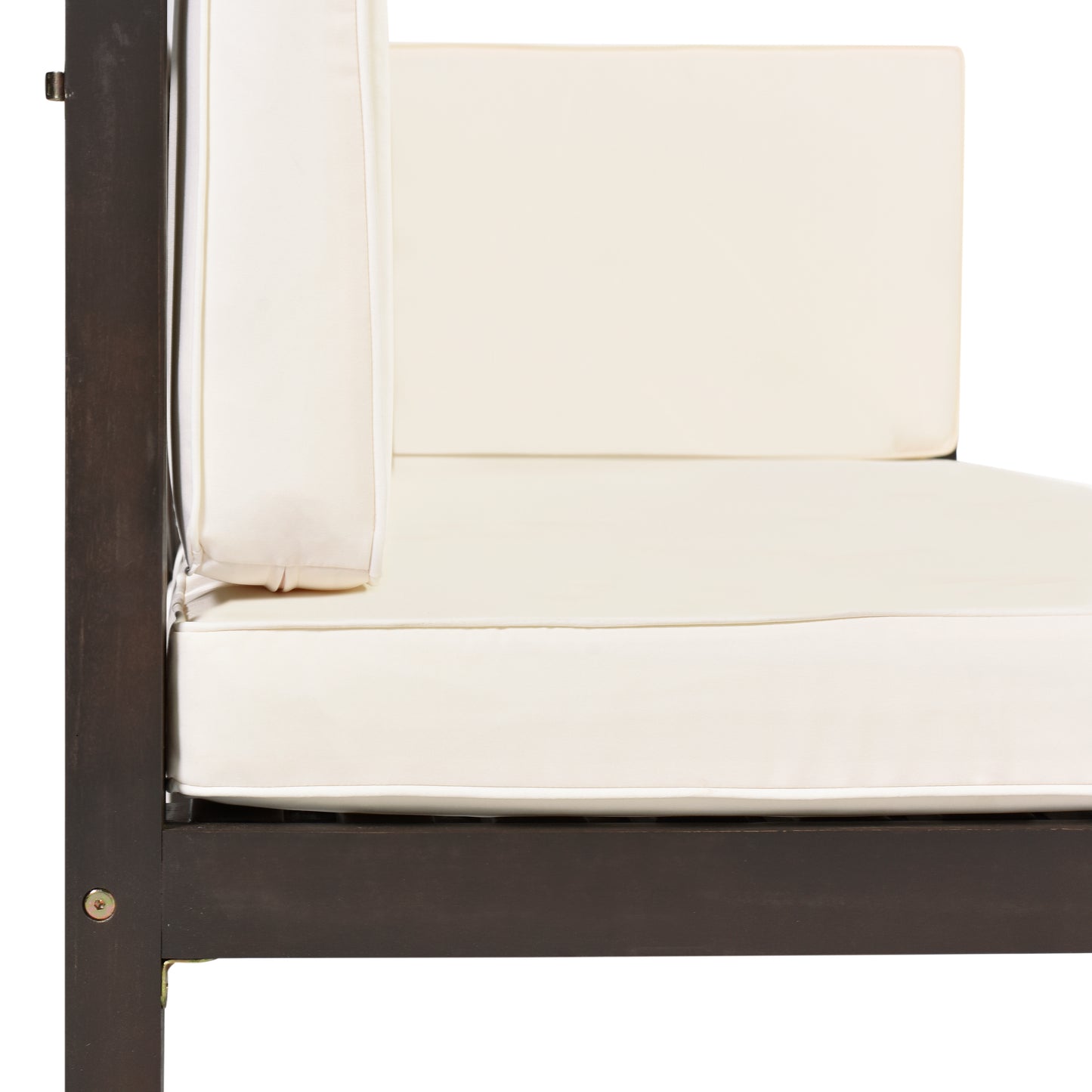 4-Piece, X-Back Sectional Patio Sofa Seating Set with Dark Brown Wood, Beige Cushions and Table