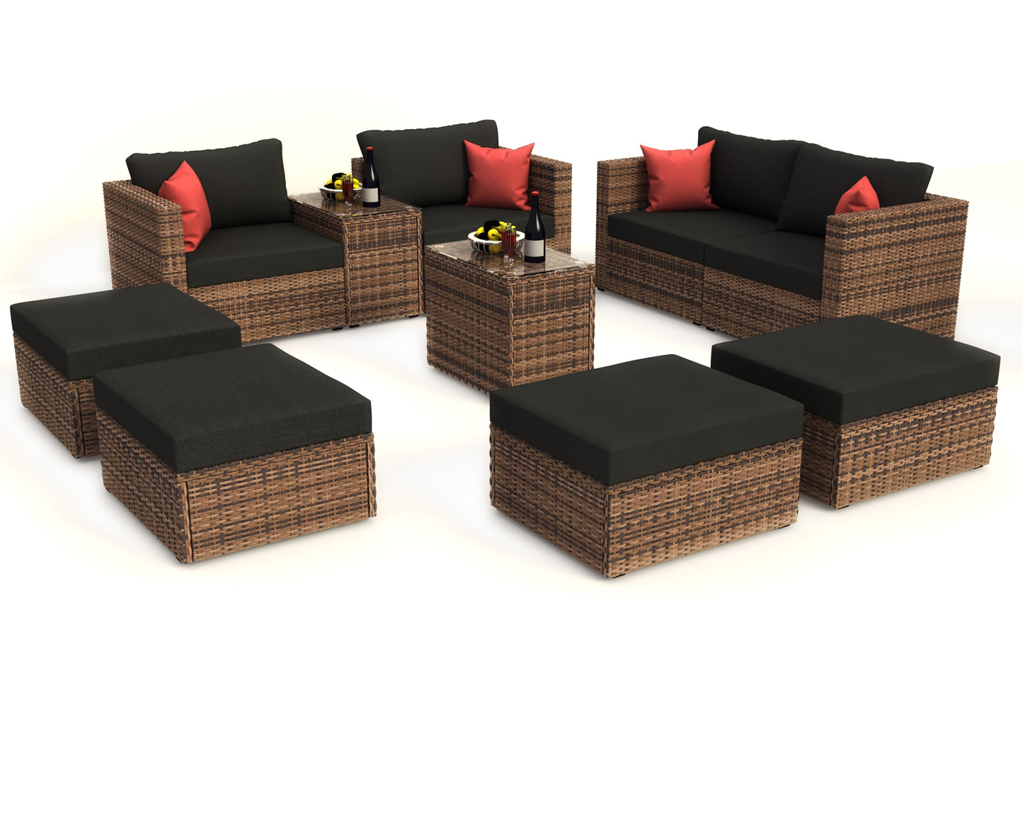 10-Piece Outdoor Patio, Convertible, Brown Sectional Set with Black Cushions and and Cover