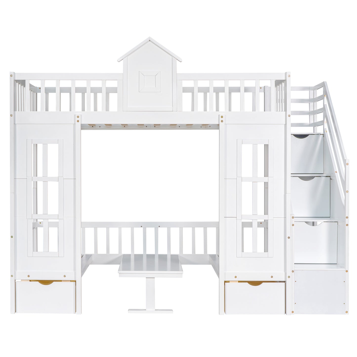 Twin-Over-Twin Bunk Bed with Convertible Picnic Style Table or Desk with 2 Drawers, White