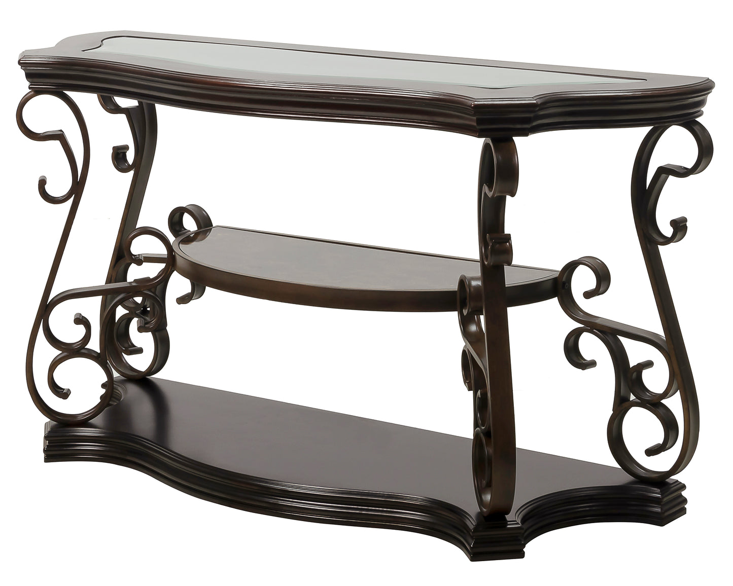Glass Top Accent Table, Sofa Table with 3 shelves and Scroll Metal Legs.