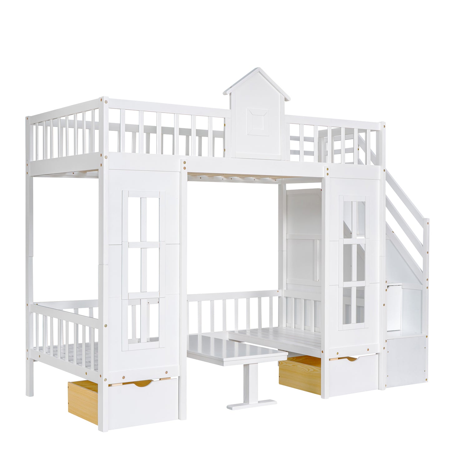 Twin-Over-Twin Bunk Bed with Convertible Picnic Style Table or Desk with 2 Drawers, White