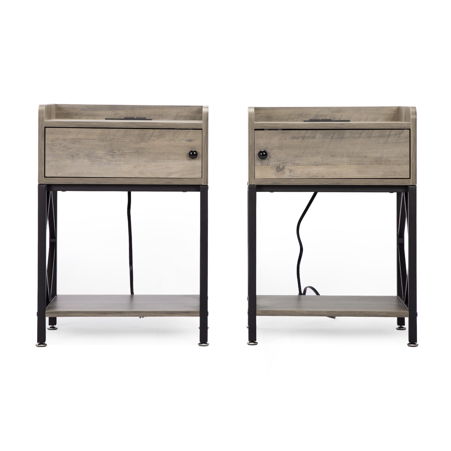 Set of 2 Farmhouse Style Wood End Table Nightstands with Charging Stations and USB Ports, Gray