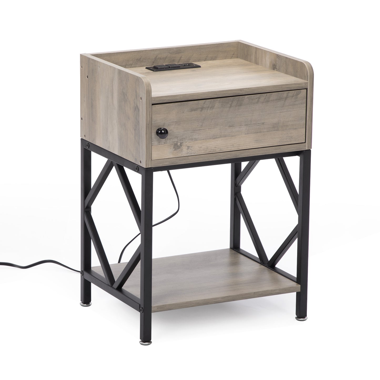 Set of 2 Farmhouse Style Wood End Table Nightstands with Charging Stations and USB Ports, Gray