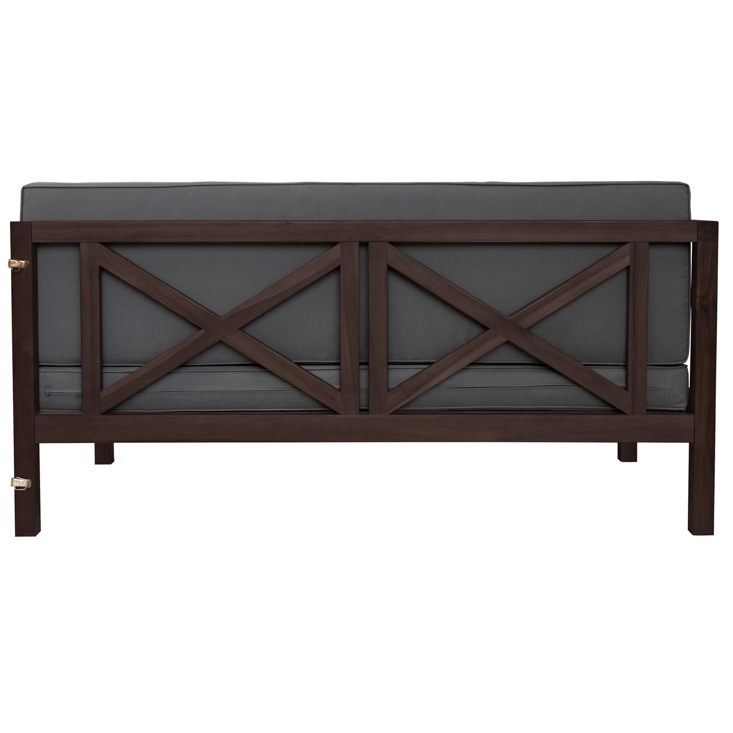 4-Piece, X-Back Dark Brown Wood Patio Sectional Sofa Set with Gray Cushions and Table