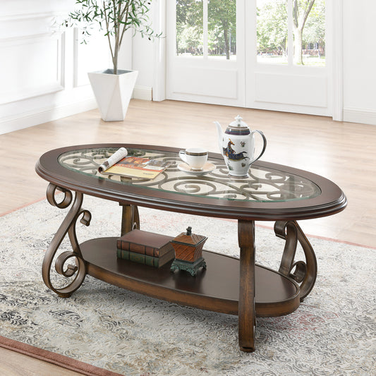 Luxury Coffee table, Glass Top, Powder Coat Finish, Scroll Metal Legs.