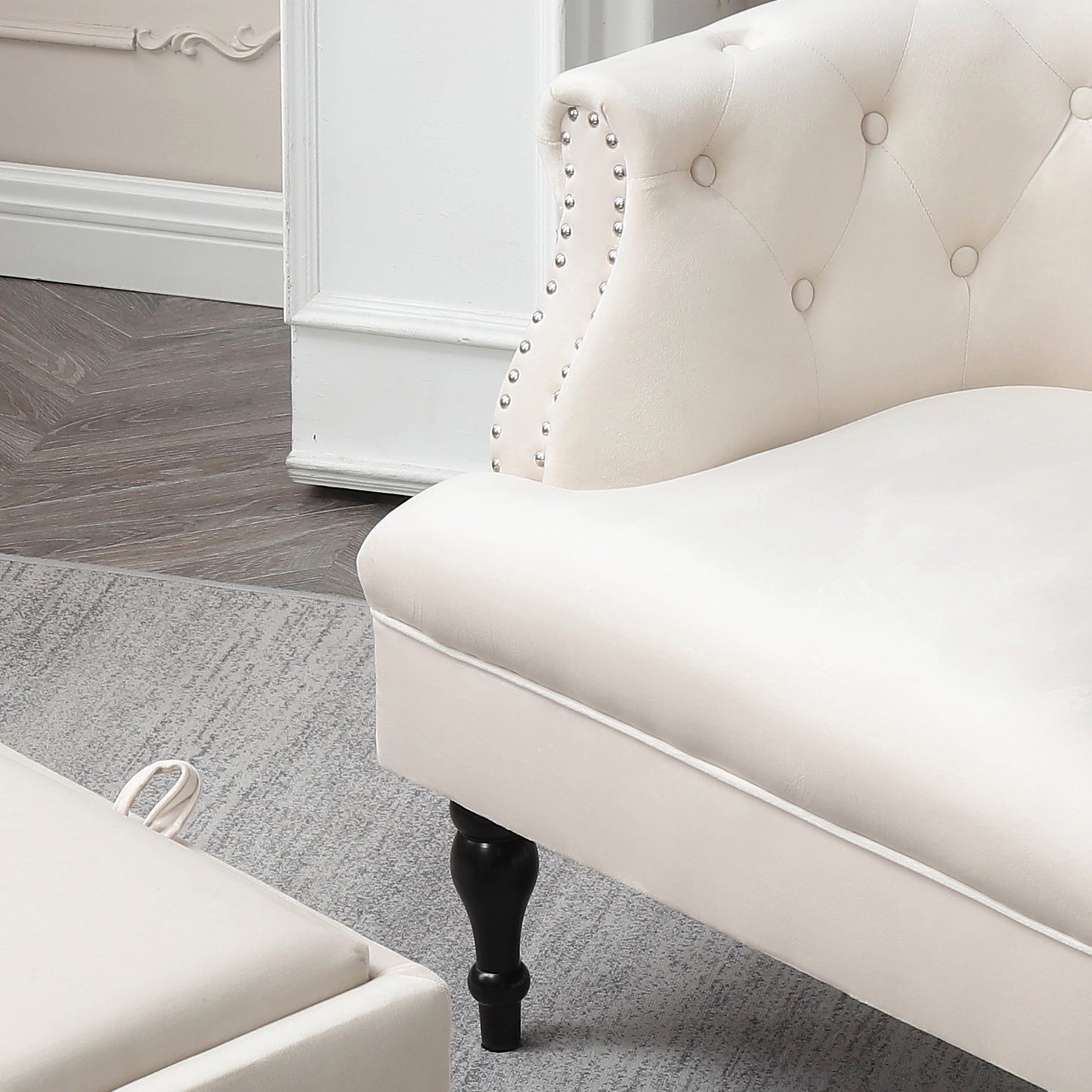 Velvet Upholstered Accent Chair Set with Ottoman, Button Tufted, Storage Ottoman with Tray, Contemporary Style
