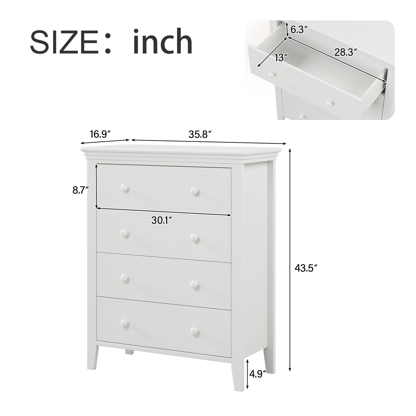 6 Pieces Traditional Style White Queen Bedroom Set With 2 Nightstands, Tall Dresser, and Wide Dresser/Cabinet/Chest with a Mirror