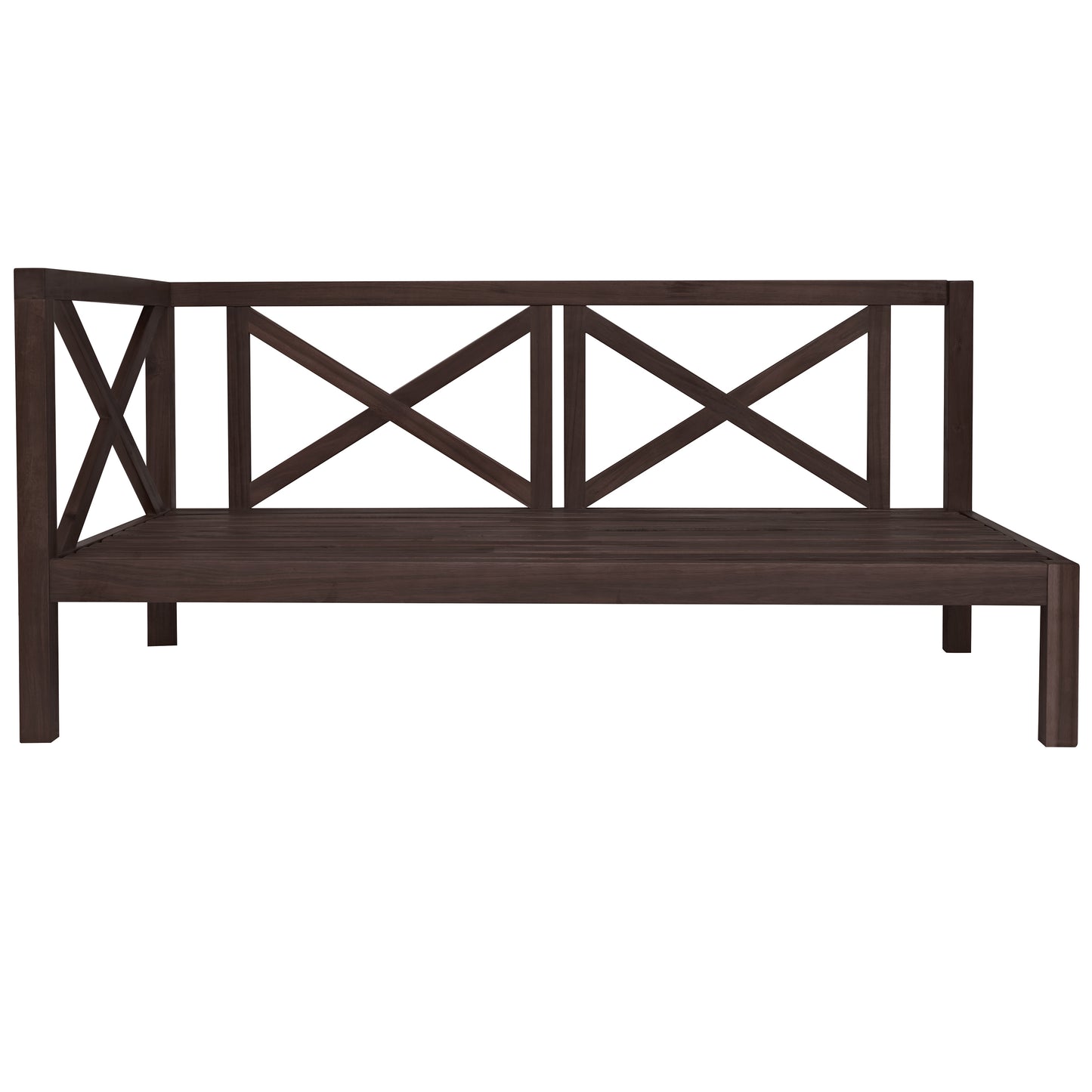4-Piece, X-Back Sectional Patio Sofa Seating Set with Dark Brown Wood, Beige Cushions and Table