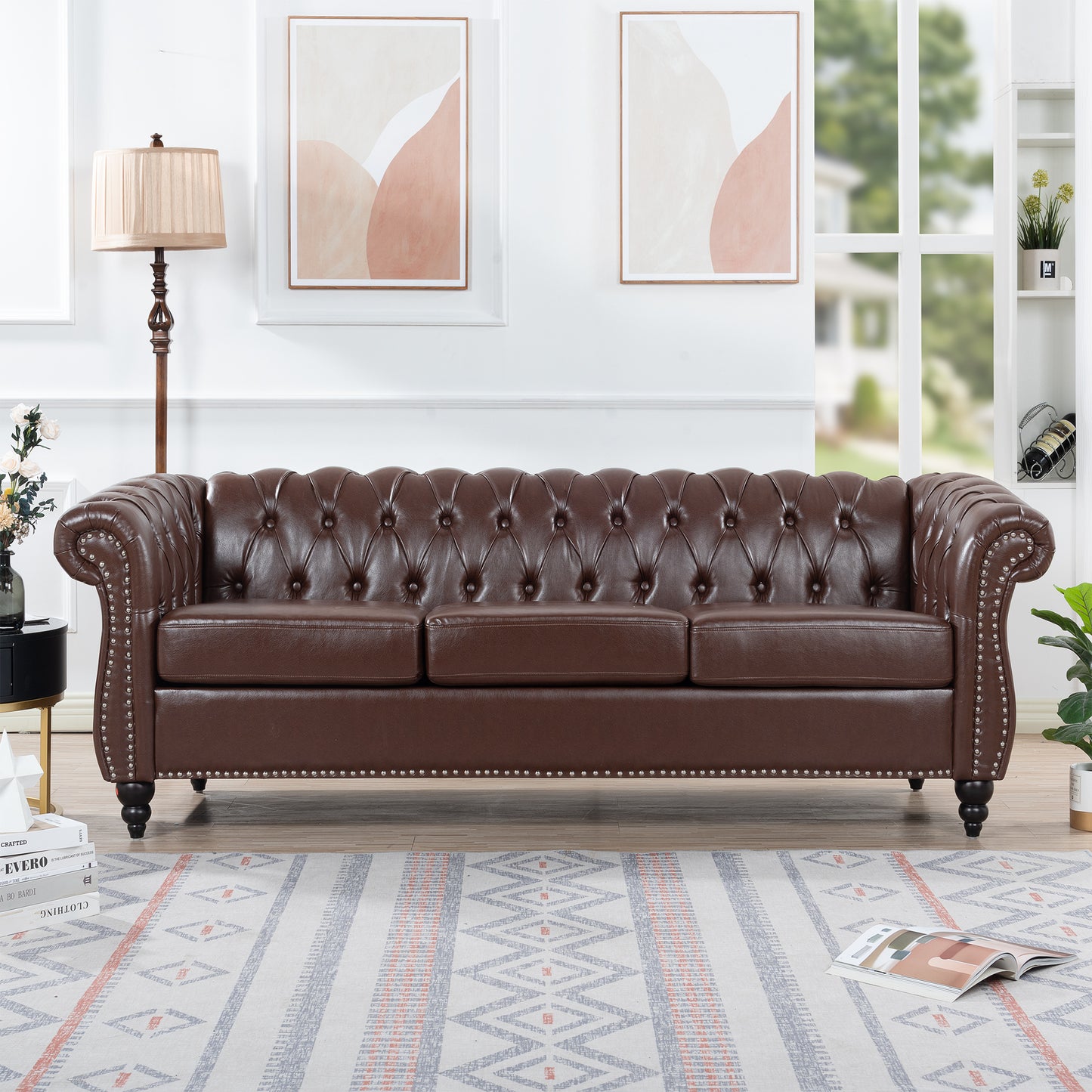 Dark Brown, Vegan Leather, Curved Arm, Chesterfield Inspired, Three Seat Sofa.