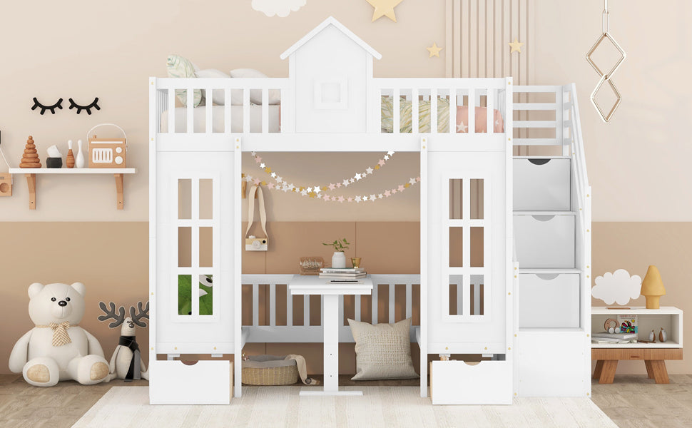 Twin-Over-Twin Bunk Bed with Convertible Picnic Style Table or Desk with 2 Drawers, White
