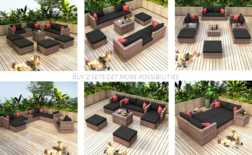 10-Piece Outdoor Patio, Convertible, Brown Sectional Set with Black Cushions and and Cover